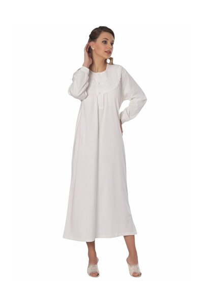 Dayı 100% Cotton Combed Embroidered Half Placket Buttoned Women's Long Sleeve Classic Mother Nightgown Dy1001