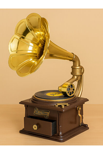 moryconcept Nostaljik Büyük Boy Çekmeceli Kahverengi Gramofon Müzik Kutusu Kurmalı, Dekoratif ve Hediyelik