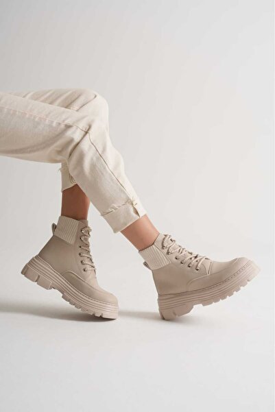 İA İLERİADIM Kadın Bej Cat Su Geçirmez Rahat Kalıp Bağcıklı Yüksek Taban Bot