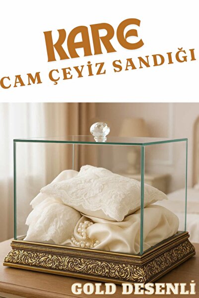 Dantelux Kare Cam Çeyiz Sandığı - Çeyizlik Cam Kutu - Desenli Gold - Büyük Bo...