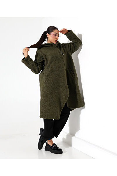 Fi'l Arz Fashion Women's Asymmetrical Zipper Hooded Long Plus Size Coat