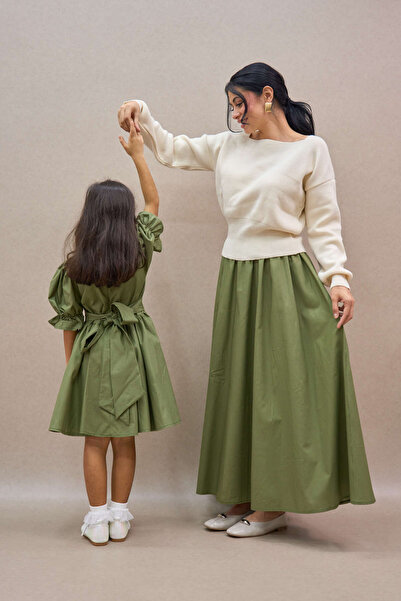 KÜÇÜĞÜM BUTİK Haki Yeşil Balon Etek ve Kız Çocuk Elbise Anne-Kız Kombini (TEKLİ SATILMAKTADIR)