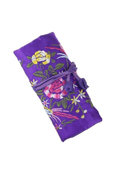 Generic Brand Travel Jewelry Roll Organizer - Embroidery Flower & Bird Silk B...