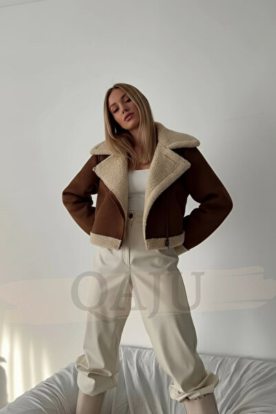 Qaju Γυναικείο κοντό μπουφάν από ψεύτικο σουέτ με επένδυση από καφέ γούνα