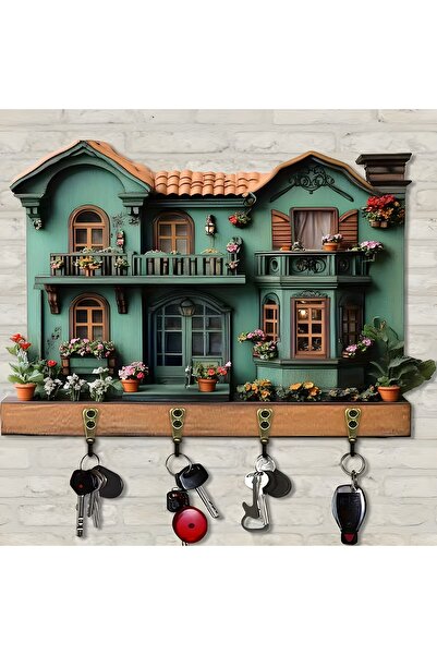 TuraLazerKesim 2D Düz, Çok Amaçlı Ahşap Anahtarlık, Dört Metal Kancalı, Duvar...