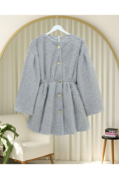 Modamorfo Fur Coat with Lining and Gathered Waist - Light Gray