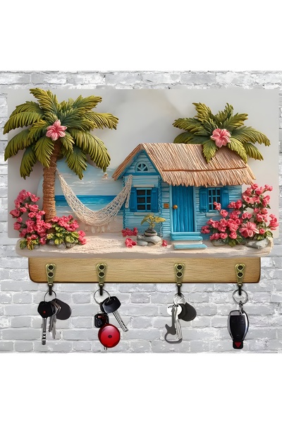 TuraLazerKesim Breloc din lemn plat 2D, multifuncțional, cu patru cârlige met...