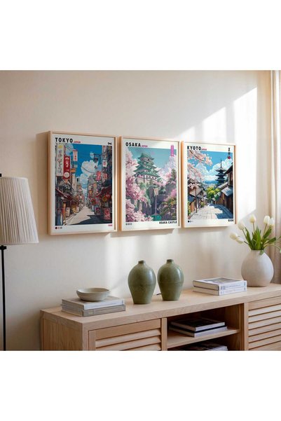 NinaStore 3'lü Japon Duvar Sanatı Seti, Tokyo Kyoto Osaka Posteri, Japandi Du...