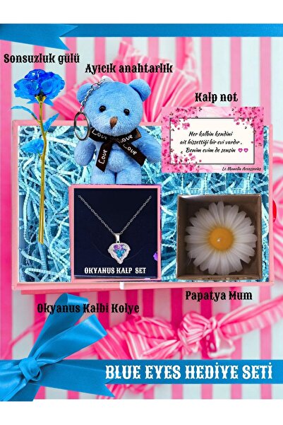 Le Manolia Accessories okyanus kalbi çelik kolye ,mavvi ayıcık ,papatya mum ,sonsuzluk gülü hediye seti