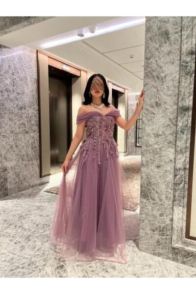 WAREEF FASHION فستان طويل سهره تل ناعم مع كلفه ورود راقي