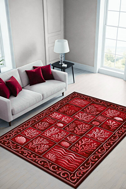 The Reef Design Kırmızı Mercan Desenli Patchwork Eskitme Halı Dijital Baskılı...