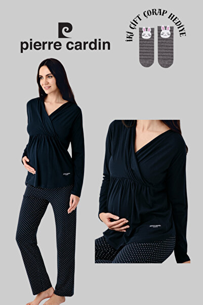 Pierre Cardin Kadın Lisanslı Hamile Giyim Yumuşak Doku Uzun Kollu Pijama Takımı 2 Çift Çorap Hediye