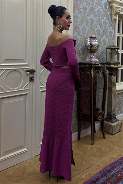 Lijuri Mdb Madonna Collar Deep Slit Skirted Stylish Knitwear Set 10099