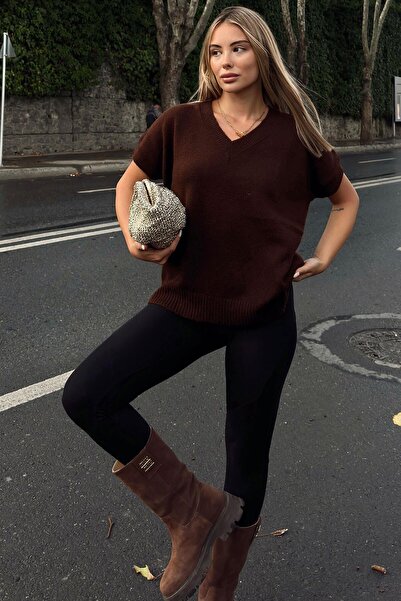 Swist Kahverengi V Yaka Düşük Kol Kadın Triko Süveter