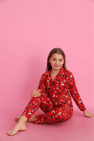 Beka Kids New Year Patterned Long Sleeve Button Front Shirt Collar Girls Pajama Set