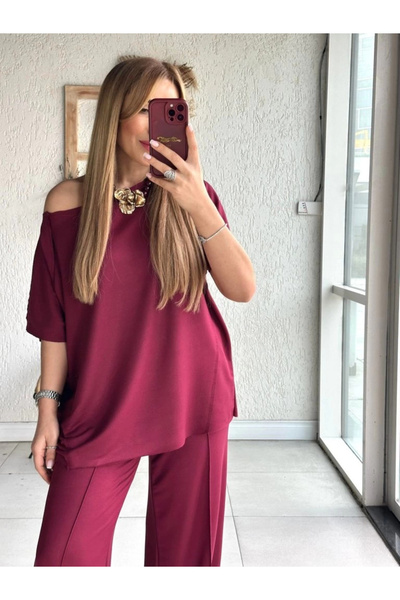 ARONA Mdb Women's One Shoulder Open Wide Cut Viscose Two Thread Blouse and Pants Two Piece Set