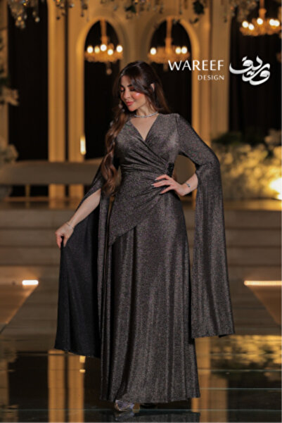 WAREEF FASHION Dark gold off-shoulder evening dress with long sleeves and a crystal-embroidered waist