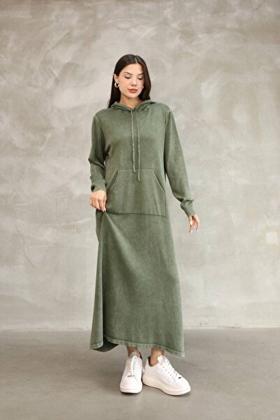 AYASOFYA OTANTIK Women's Khaki Hooded Kangaroo Pocket Vintage Detailed Cotton Long Sleeve Knitwear Long Dress