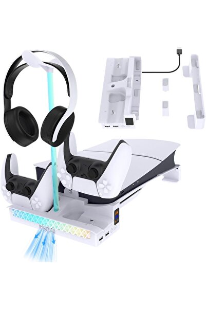 Other حامل RGB أفقي لجهاز PS5 Pro/Slim مع مروحة تبريد وشاحن وحدة التحكم وحامل...
