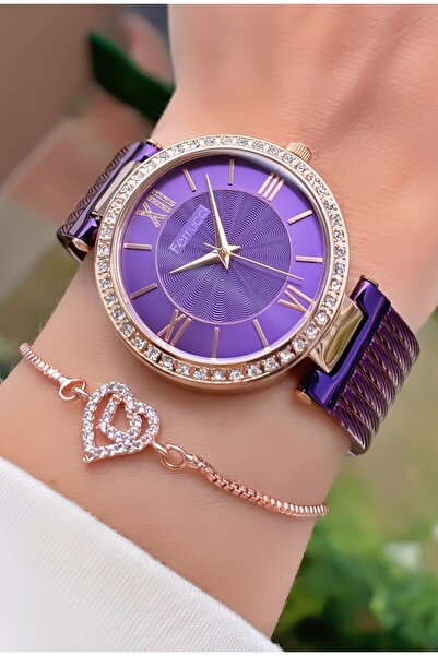 Ferrucci Kadın Kol Saati Mor Çelik Kordon Orijinal 2 Yıl Garantili Hediye Bileklikli