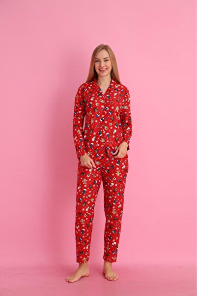 Free Beka New Year Patterned Long Sleeve Button Front Shirt Collar Women's Pajama Set