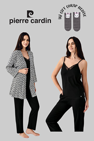 Pierre Cardin Kadın 3'lü Lisanslı Yumuşak Doku Sabahlıklı Pijama Takımı 2 Çift Çorap Hediye