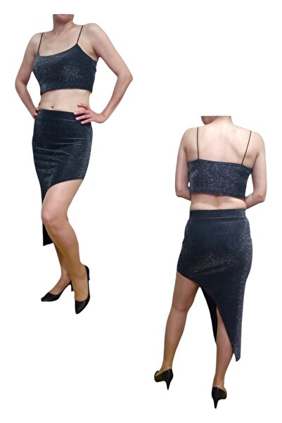 Nadom 2'li Yüksek Lastikli Bel Midi Etek Askılı Crop Esnek Likralı Simli Takım