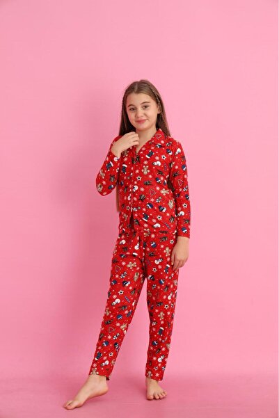 Beka Kids New Year Patterned Long Sleeve Button Front Shirt Collar Girls Pajama Set