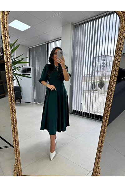 MODA Γυναικείο φόρεμα με κοντό μανίκι MDB με φιόγκο και καρφίτσα Midi Janjan Crepe