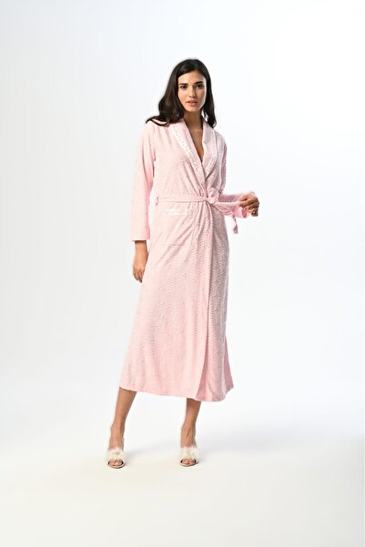 Lohusa Dünyasi Women's Powder Jacquard Shawl Collar Single Dressing Gown with Pockets