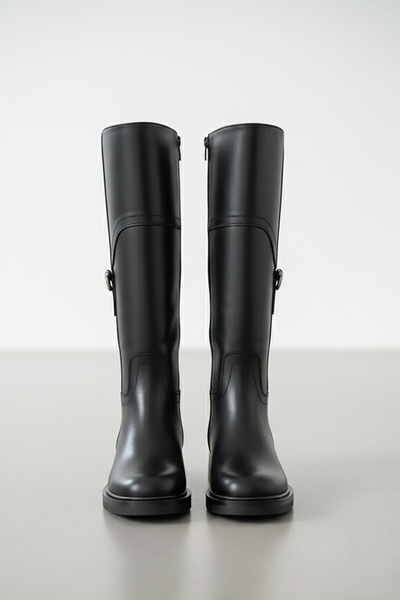 DURUNUN BUTİĞİ Cizme de zi cu zi pentru femei Duube din piele neagră (înălțime toc 3,5 cm) cu cataramă laterală