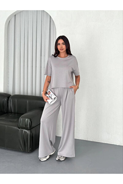 Butik Mdb Osy Odal Soft Textured Fabric Crew Neck T-Shirt Wide Leg Pants Two-Piece Set Dyed Gray
