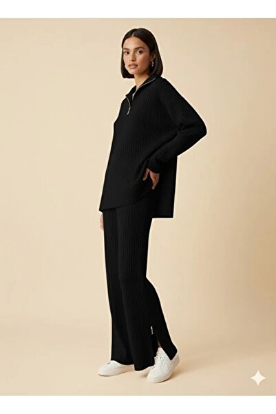 cottonage Women's Ribbed Collar, Zippered Leg Slits, Side Zipper Knitwear Suit