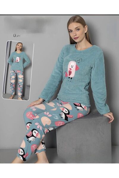 MOPİ Plush Crew Neck Animal Pattern Warm and Soft Long Sleeve 2-Piece Pajama Set