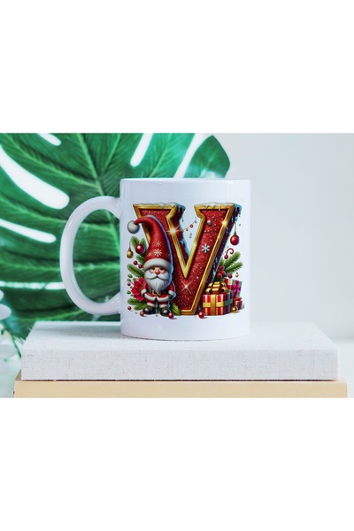 Beramussa Letter V Mug with Dwarf Santa Claus Figure - New Year / Christmas Themed Glittery Alphabet Design