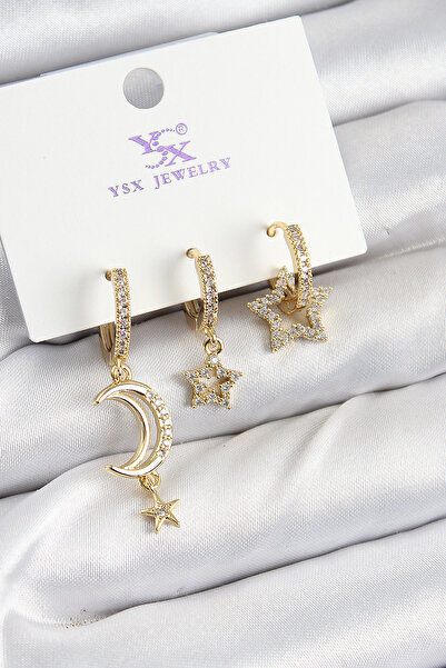 Skygo Brass Zircon Stone Moon and Crescent Model Gold Color 3-Piece Women's Earrings - Tj-Bkp10942