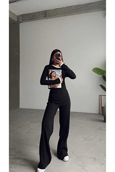 albaroda Γυναικεία Μαύρη Μπλούζα & Φαρδύ Παντελόνι Σετ Πάνω-Κάτω