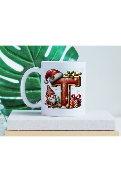 Beramussa Letter t Mug with Dwarf Santa Claus Figure - New Year / Christmas T...
