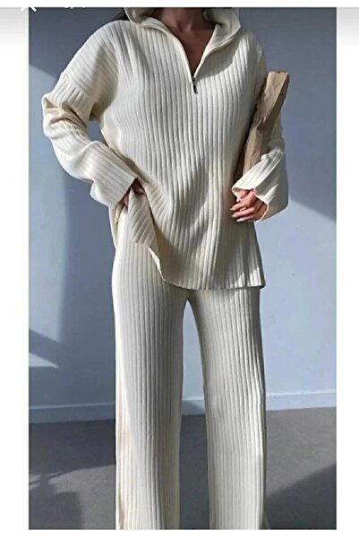 cottonage Women's Ribbed Collar, Zippered Leg Slits, Side Zipper Knitwear Suit