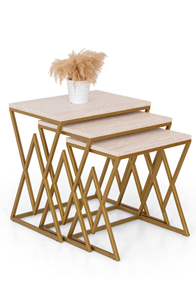 Mobievim Berlin Gold Metal Ayaklı Traverten Üst Tablalı Zigon Sehpa –3’lü Mod...