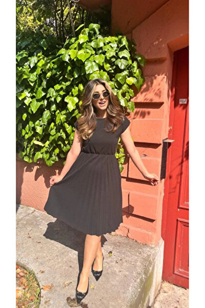 MODA Γυναικείο κοντομάνικο φόρεμα MDB με ανοιχτό γιακά, ελαστική μέση, πλισέ, κοντό εισαγόμενο φόρεμα από κρεπ