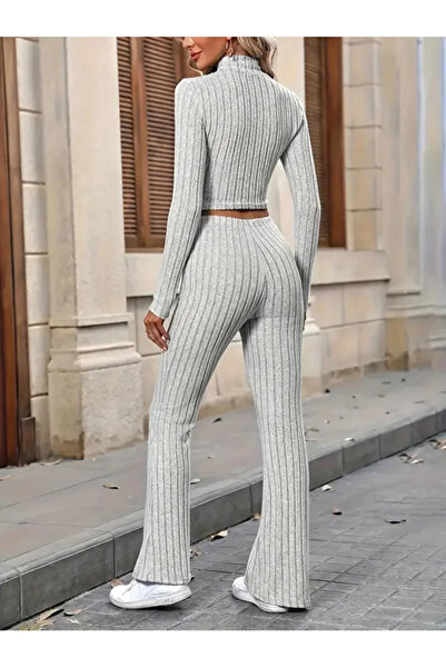 SWEETKORSE Half Turtleneck and High Waist Ribbed Ribbed Sports Casual Bottom Top Ribbed Two-Piece Suit Black