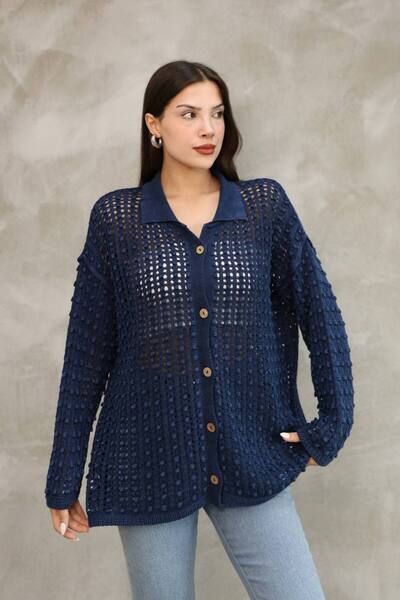 AYASOFYA OTANTIK Women's Navy Blue Button Closure Vintage Loose Cotton Knitwe...