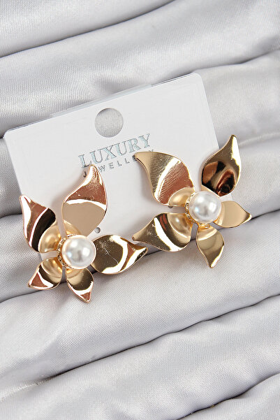 Skygo Brass Pearl Detailed Flower Model Gold Color Women's Earrings - Tj-Bkp11031