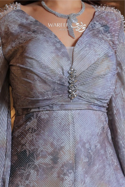 WAREEF FASHION Silver floral dress with elegant embroidery on the sleeves