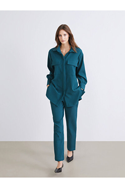 LC Waikiki Petrol Women's Trousers with Elastic Waistband and Carrot Cut Texture