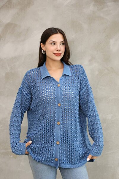 AYASOFYA OTANTIK Women's Blue Button Closure Vintage Loose Cotton Knitwear Long Cardigan Cap