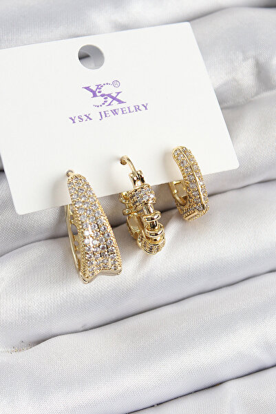 Skygo Brass Zircon Stone Hoop Model Gold Color 3-Piece Women's Earrings - Tj-Bkp10946