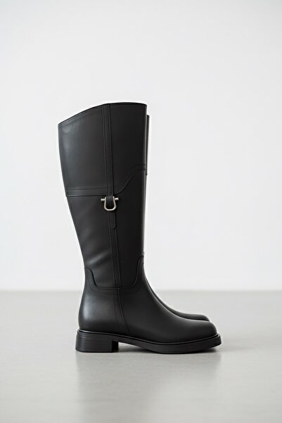 DURUNUN BUTİĞİ Cizme de zi cu zi pentru femei Duube din piele neagră (înălțime toc 3,5 cm) cu cataramă laterală