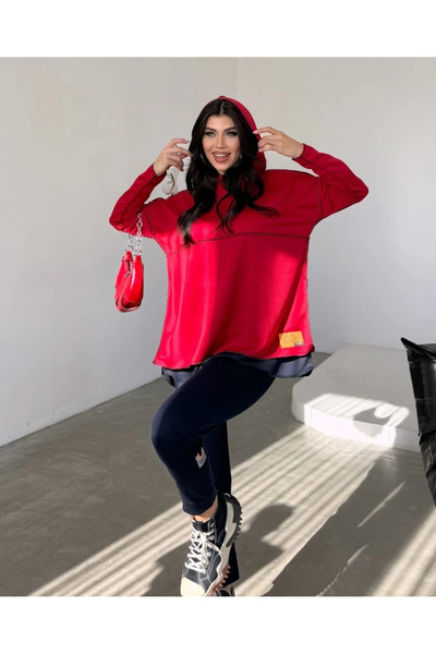 INFİVENTO Mdb Women's Red Hooded Skirt with Hem Detail, Arma Reverse Stitching Appearance, Two-Piece Set